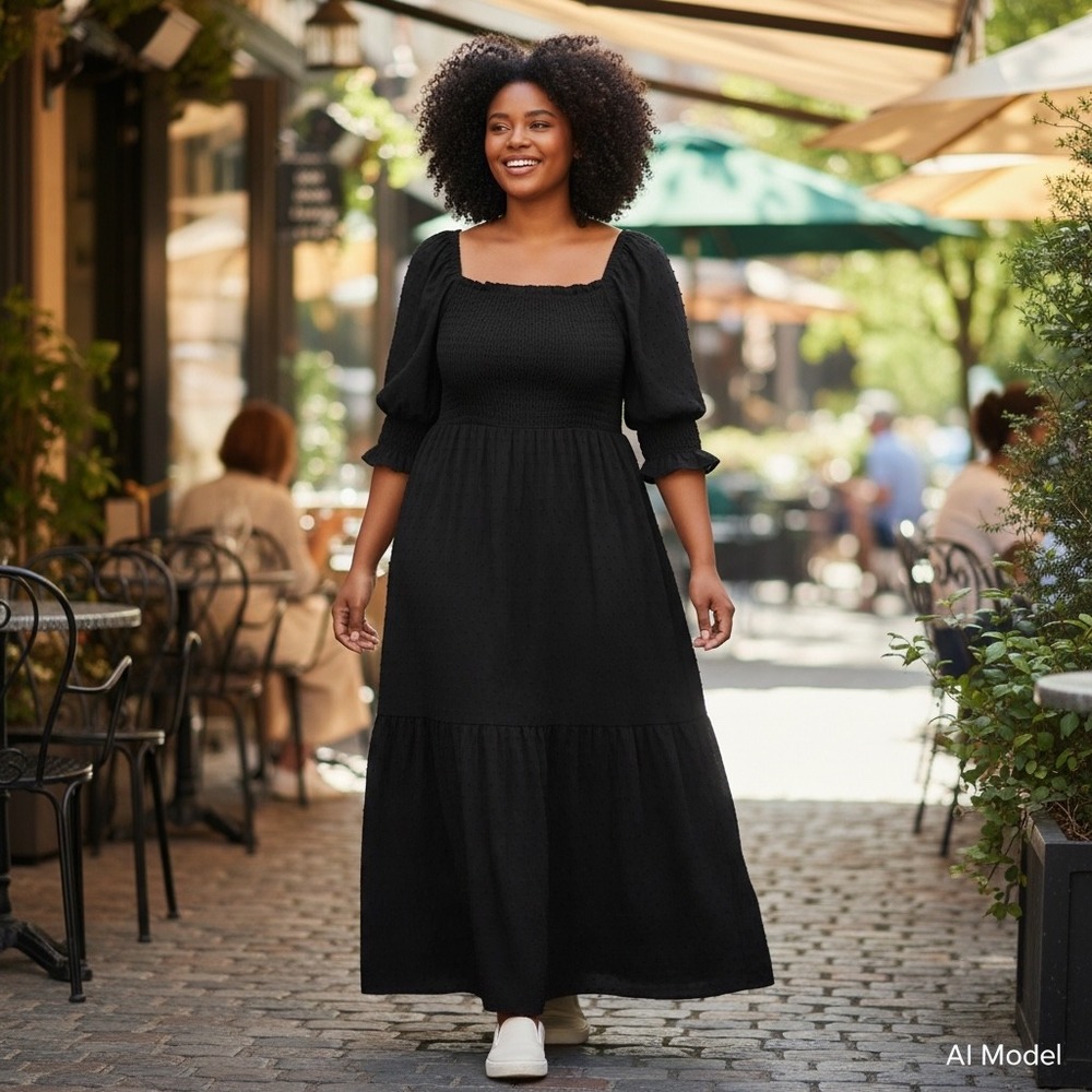 Shein Curve Maxi Dress 2XL Black Swiss Dot Smocked Square Neck Puff Sleeve - Picture 1 of 9